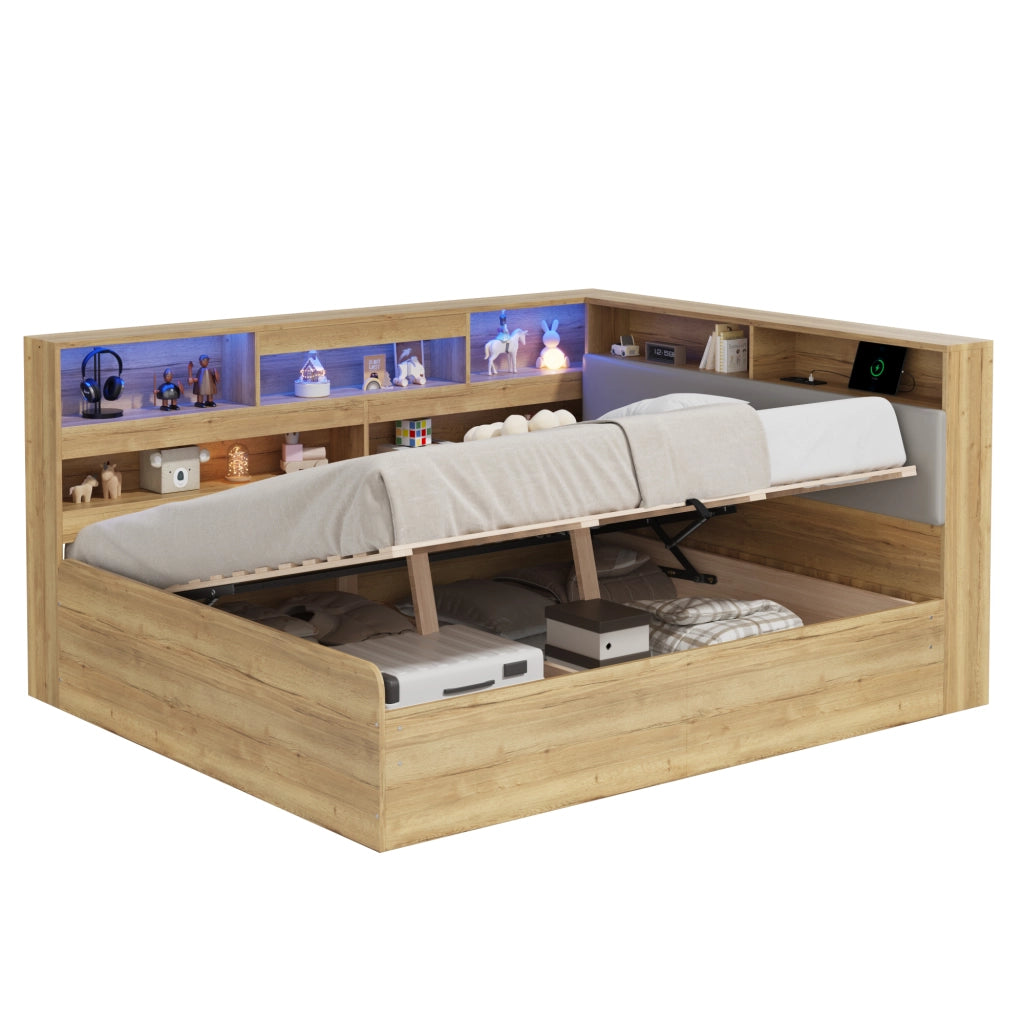 Letto per bambini 90 × 200 cm et 140 × 200 cm contenitore idraulico, LED, USB et USB-C, senza materasso, in MDF, naturale
