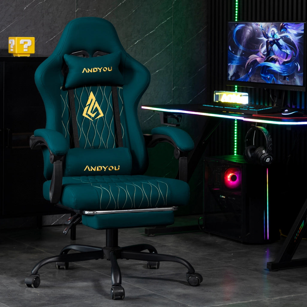 Sedia da gaming con poggiapiedi ¨C zephmum ¨C imbottita, similpelle, blu navy