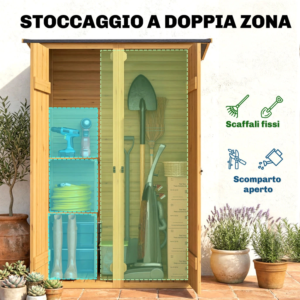 Capanno Armadio Porta Attrezzi da Giardino 115x53x156 cm con Ripiani Interni in Legno di Abete Marrone