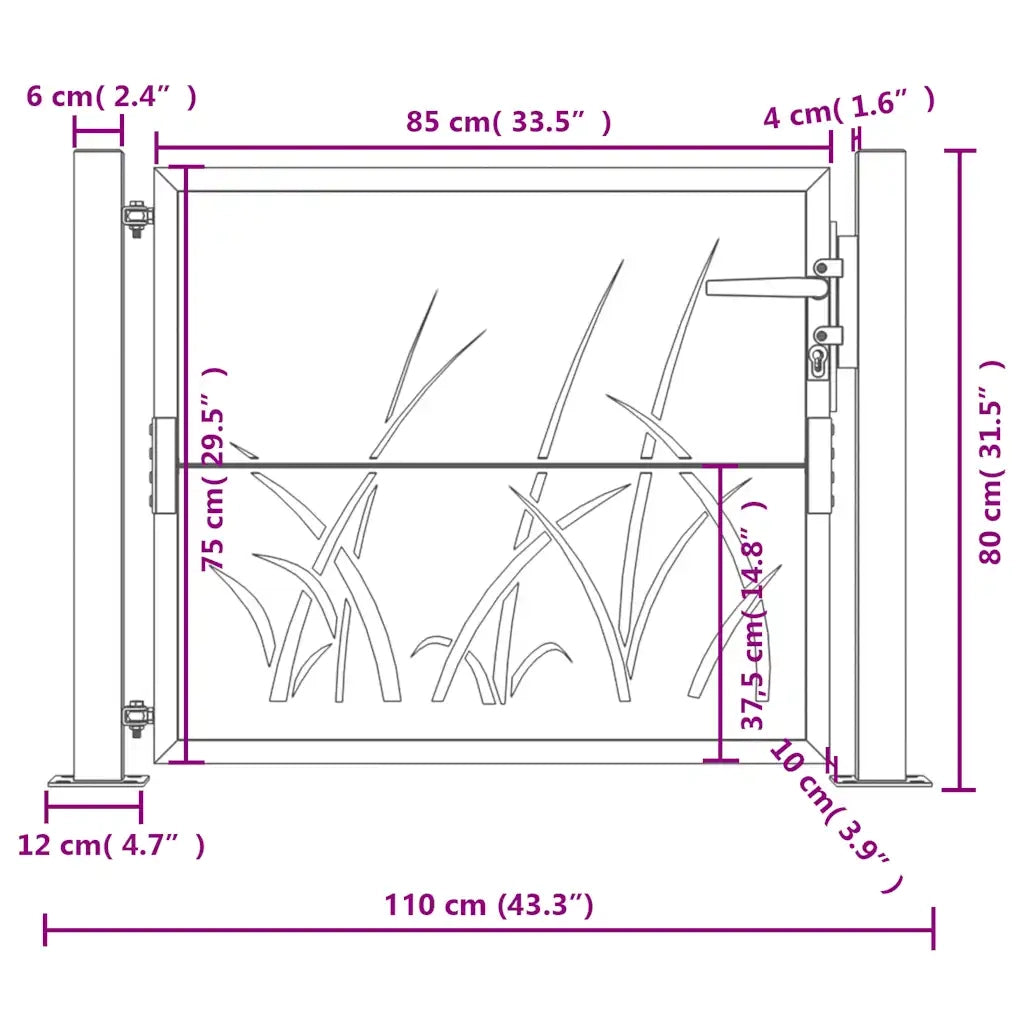Cancello da giardino antracite 100x75 cm in acciaio design erba 153166