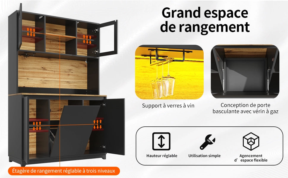Mobile da cucina 120x40x180 cm, nero, con ante in acrilico e illuminazione LED