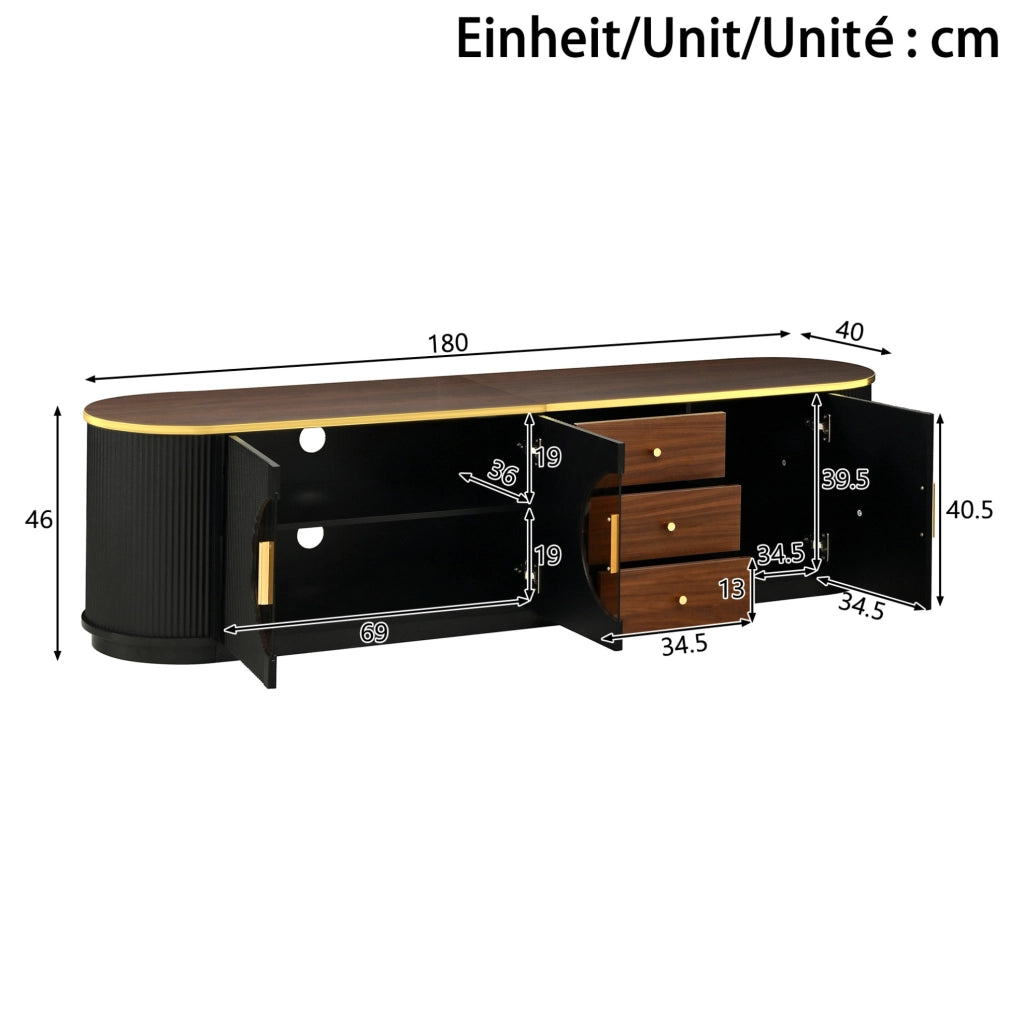 Mobile TV moderno 180x40x46 cm in MDF; con 3 cassetti e 3 ante; nero