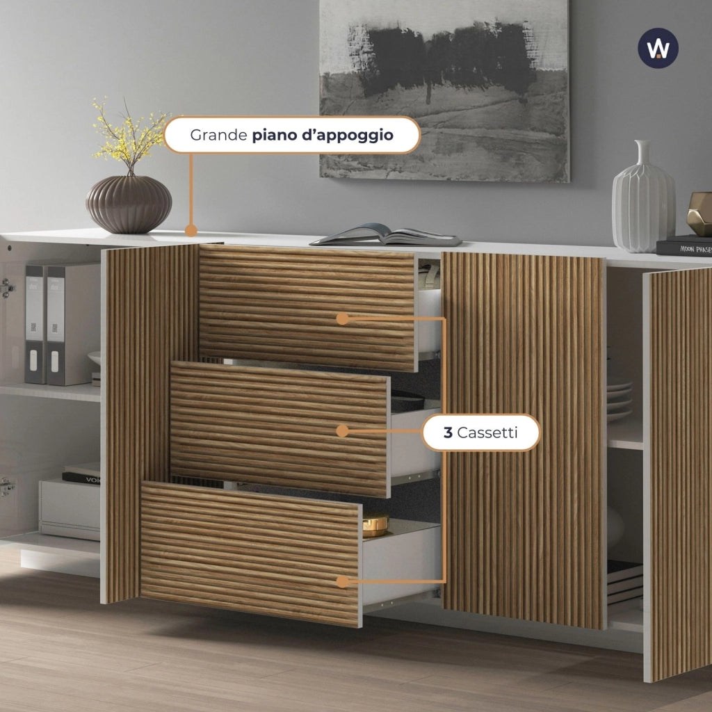WHOUS Credenza Coste a 4 ante e 3 cassetti bianco opaco e legno chiaro 220,1x43x86 cm