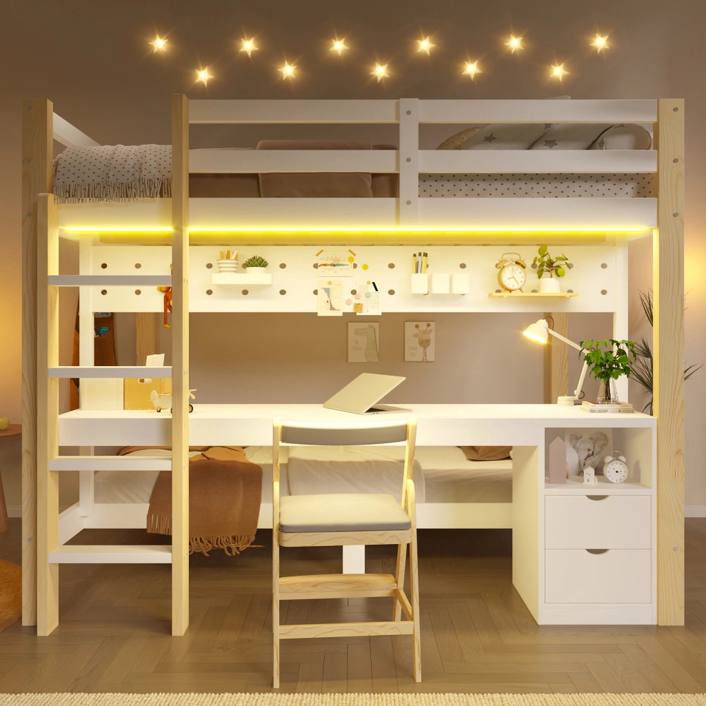 LETTO A CASTELLO 140x200/90x200 cm Pino Bianco e Naturale con cassetti e scrivania