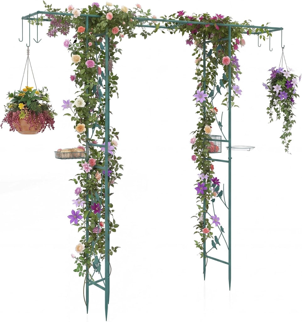 Mangiatoia per Uccelli da Giardino, Mangiatoia per Uccellini da Esterno con Arco per Piante Rampicanti, Vassoio a Rete e Kit di Gancio (Nero)