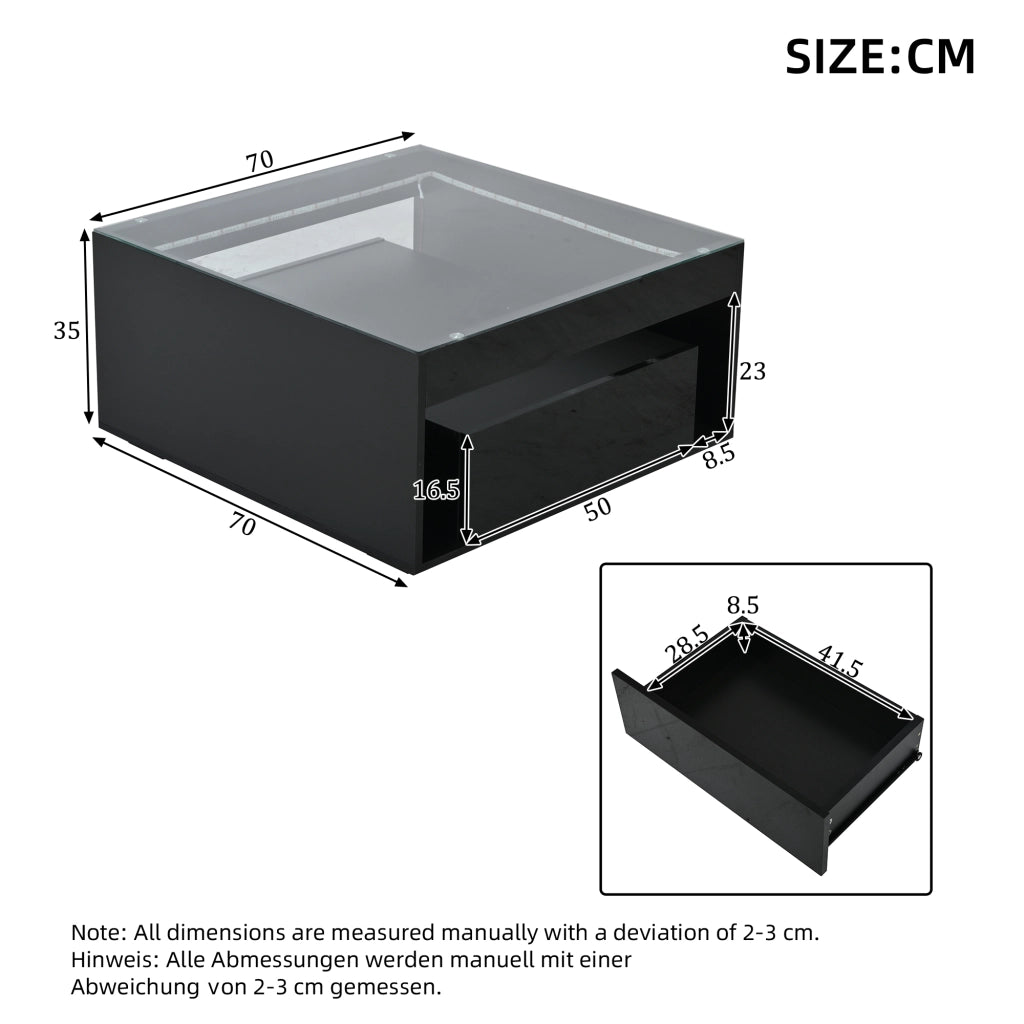 TAVOLO da caffè 70x70x35 cm con 2 cassetti, vetro temperato, nero, LED