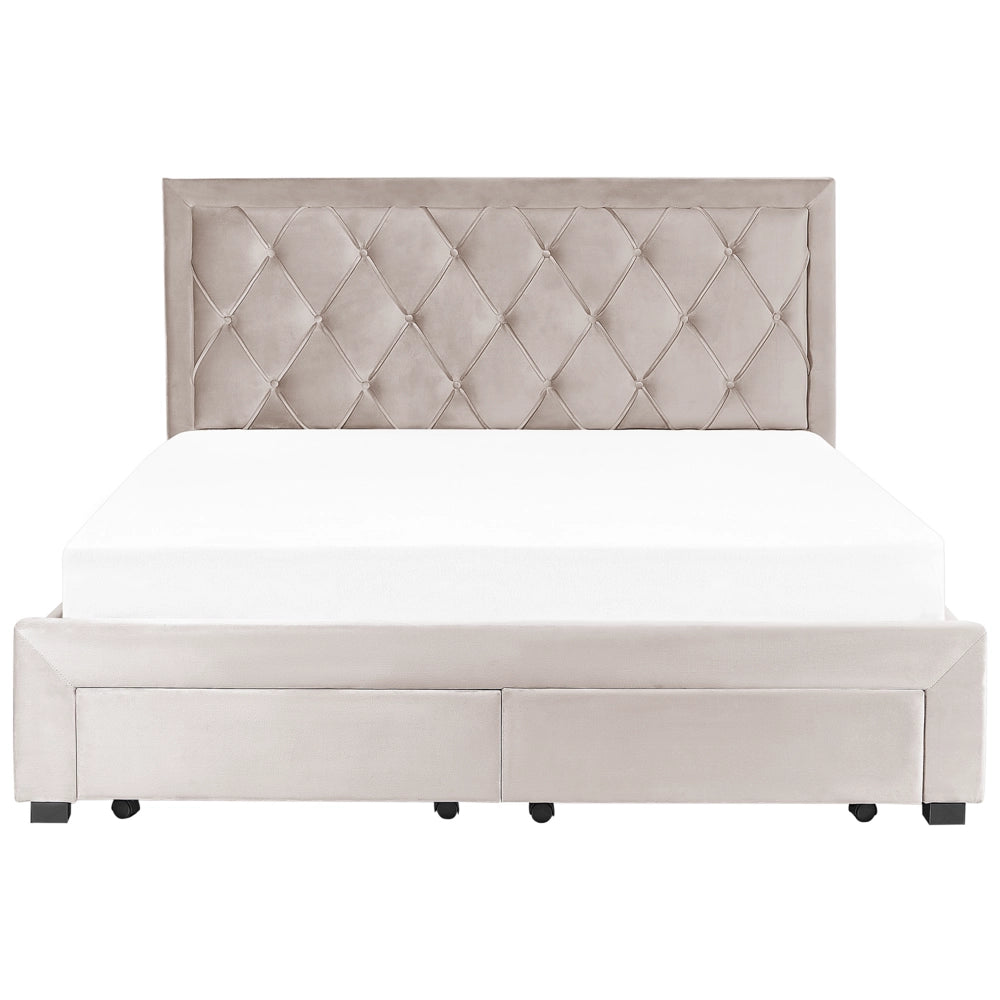 Letto contenitore tappezzeria in velluto beige 180 x 200 cm trapuntato testiera alta cassetti Glam Design