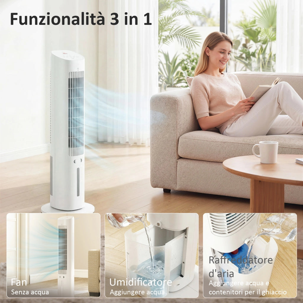 Raffrescatore d'Aria 3-in-1 a Torre 29x29x 97,5 cm Serbatoio 3 Litri con Telecomando in PP Bianco