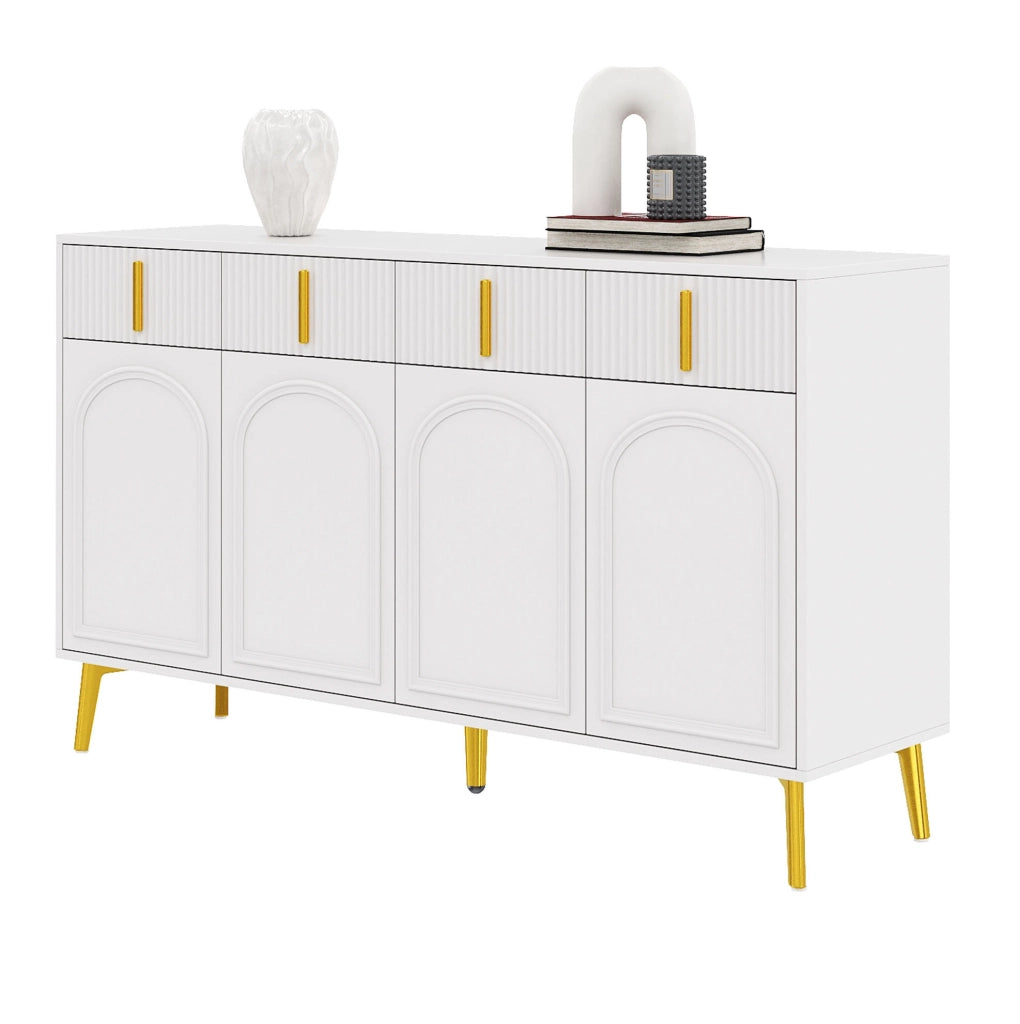 Credenza 140x38x82 cm in MDF bianco con 4 ante; 4 cassetti e dettagli oro