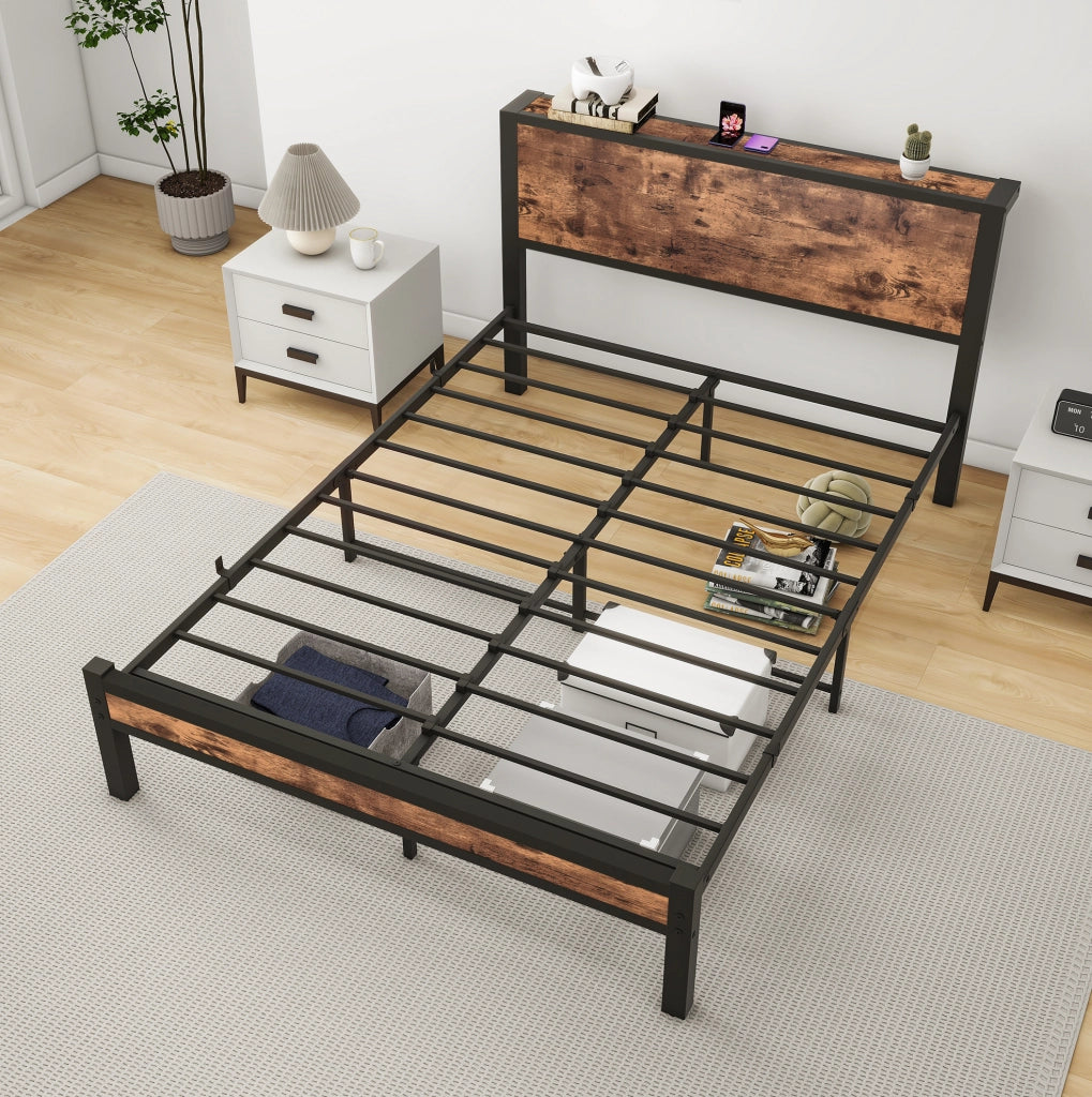 Letto singolo in metallo e MDF con spazio contenitivo, design moderno, colore marrone antico, 140x200 cm