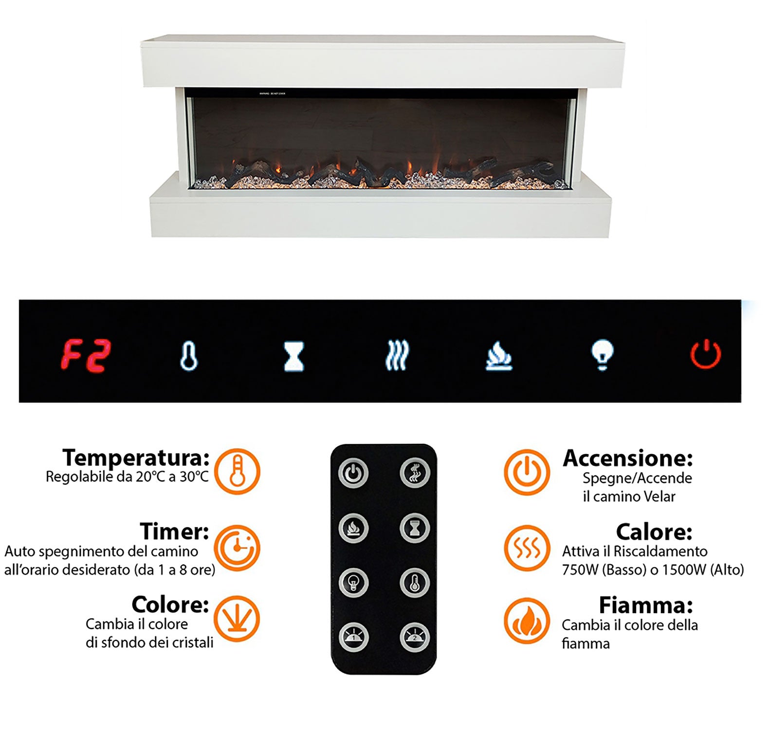 Camino Elettrico da Parete o Incasso Alaro Plus 127x18x52 cm Effetto Fiamma Telecomando in MDF Bianco