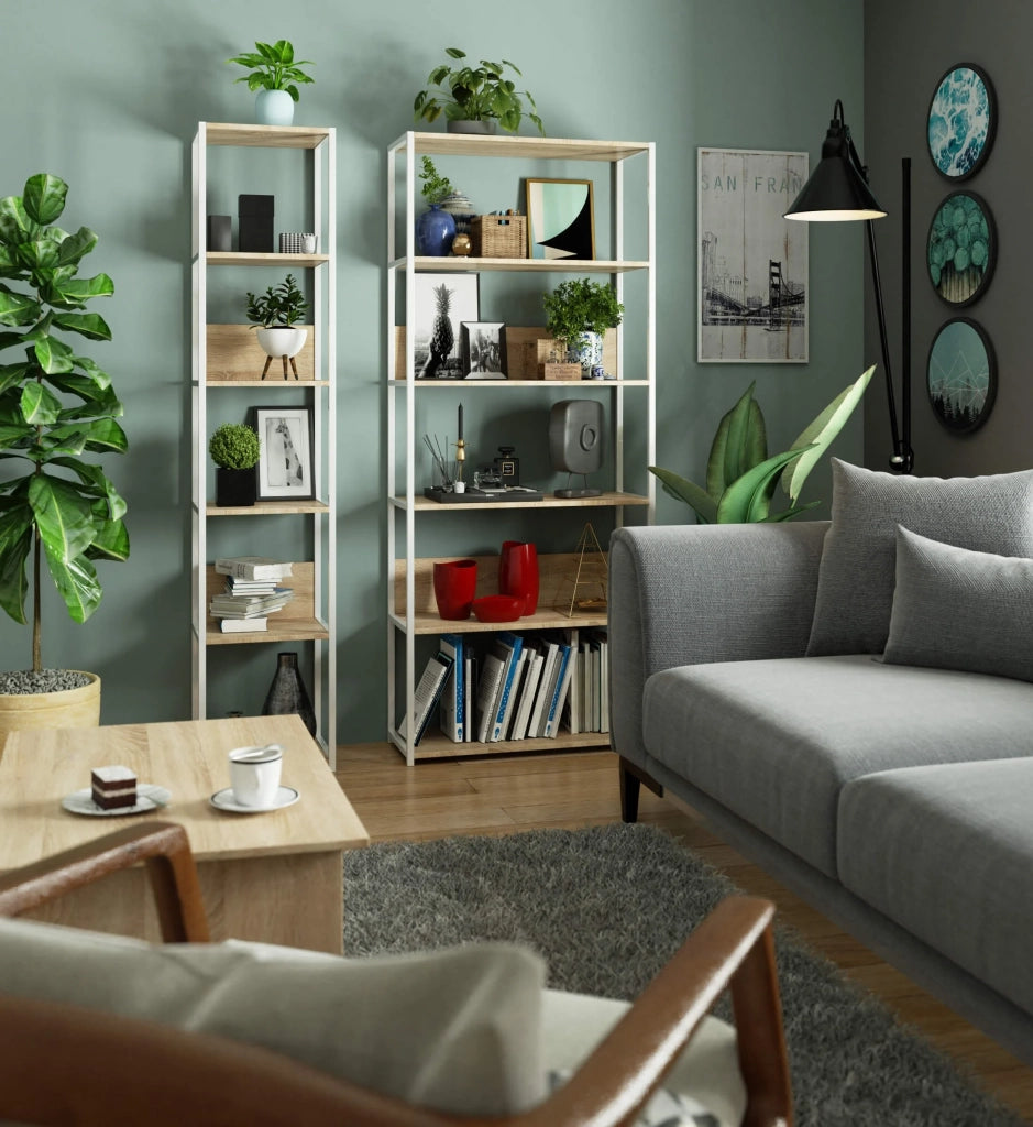 Scaffale stilo loft con ripiani in legno 80 cm Bianca 80 cm inserto frontale Sonoma Quercia 80x32x192 cm