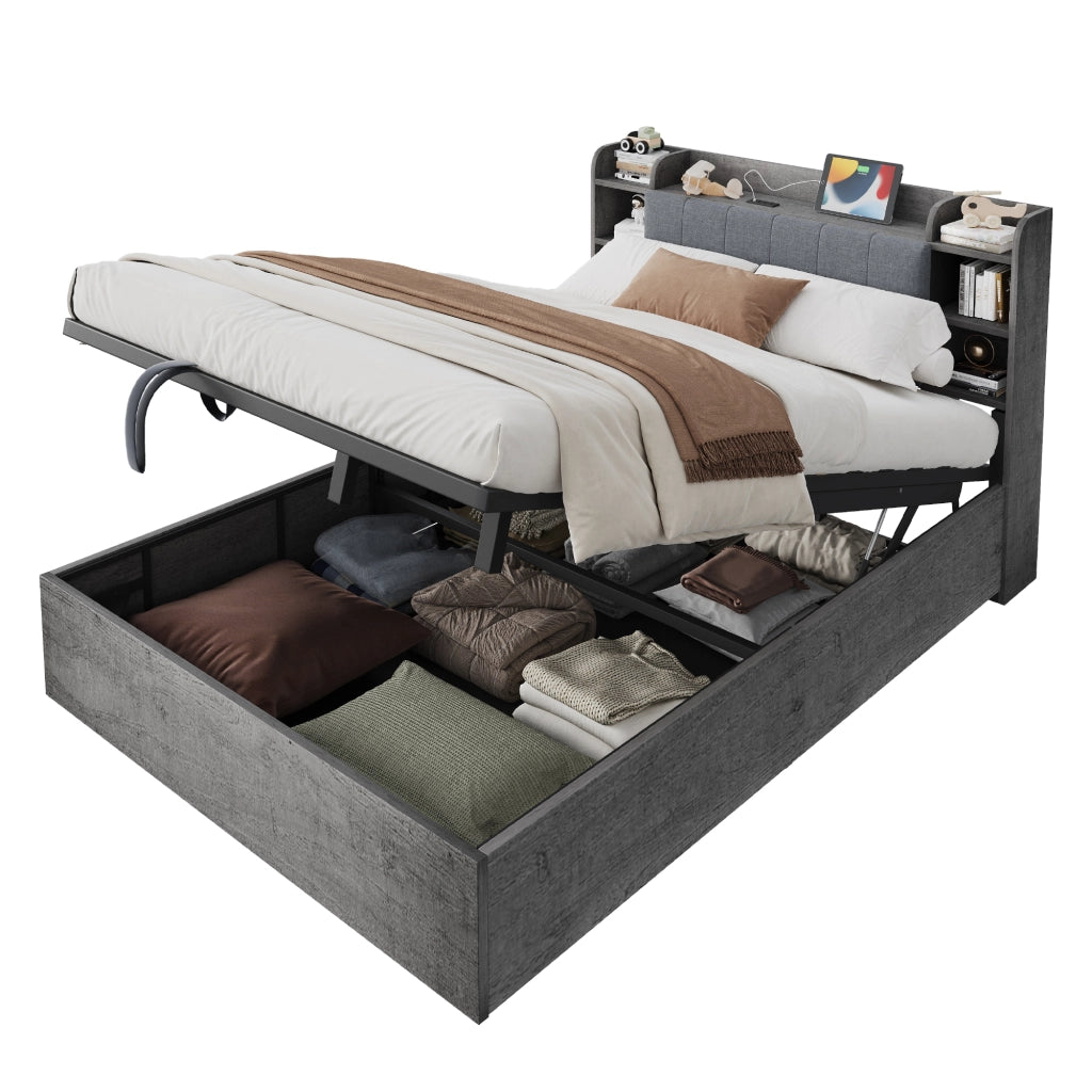 DESMIU Letto contenitore 180 × 200 cm 2 posti con vano idraulico, USB, Type-C e ripiani, senza materasso, in MDF, grigio
