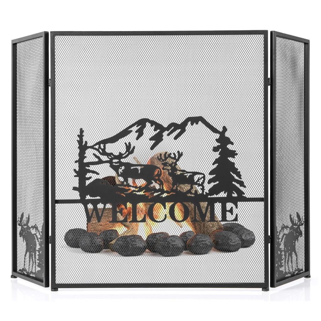 Parascintille per camino 132x79cm in metallo, Paraschizzi camino a 3 pannelli con motivo di alci e montagne Nero-Accessori caminetti e stufe a legna