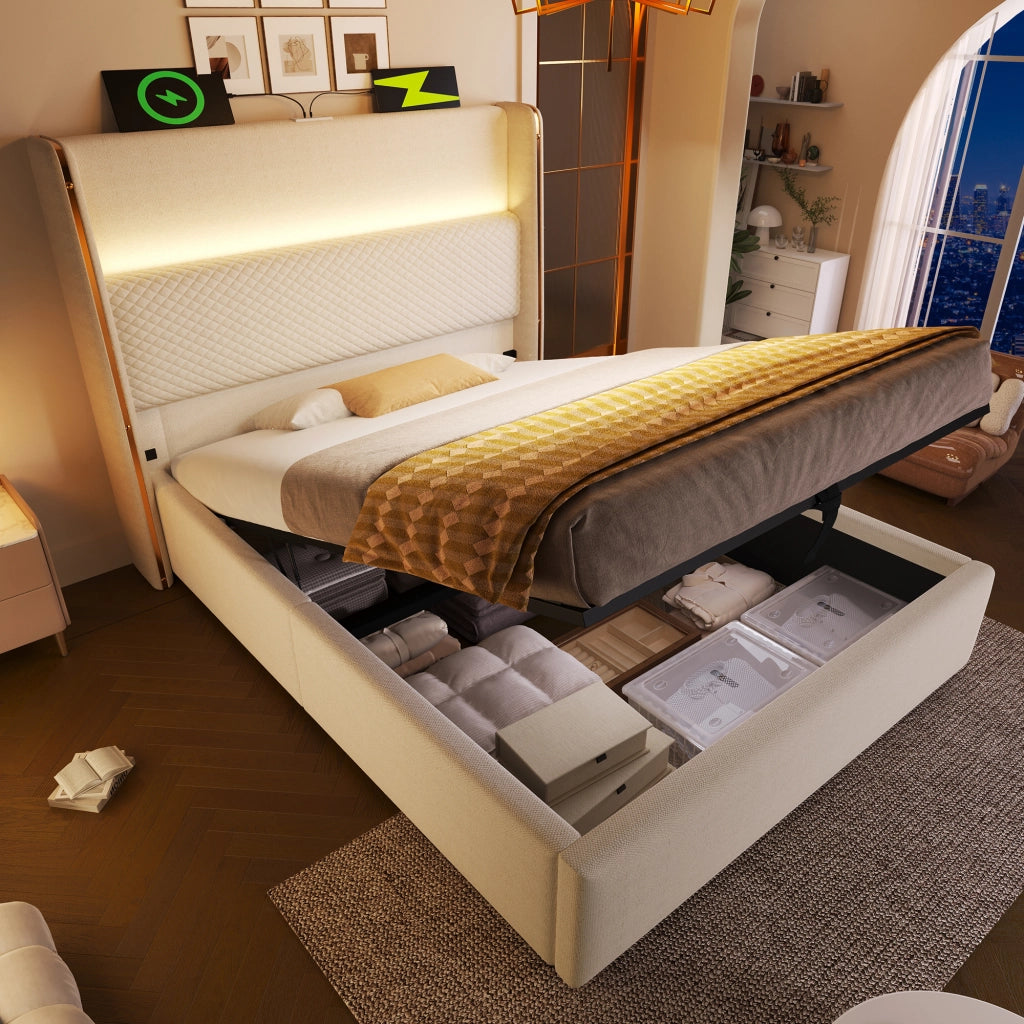 LETTO Contenitore idraulico 90x200 cm con materasso incluso, testiera alta Beige