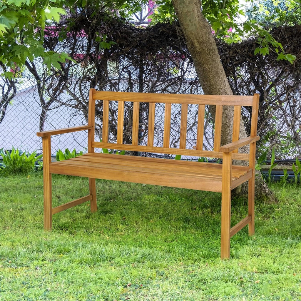 GIANTEX Panchina da giardino in legno di acacia a 2 posti, portata fino a 360 kg, ergonomica, con schienali e braccioli, 122 x 56,5 x 86 cm, colore legno naturale