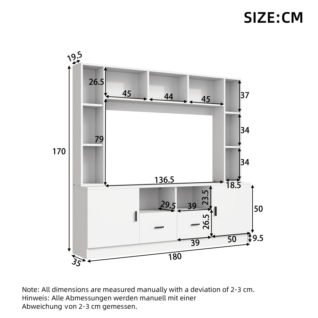 Mobile porta tv con 2 ante, 2 cassetti e 11 vani, per soggiorno, in pannello truciolare, bianco, 180 × 35 × 170 cm