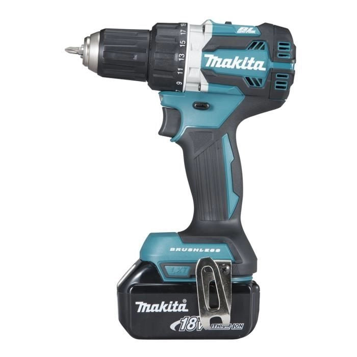 Makita DDF484RTJ LXT Trapano Avvitatore Cordless 18V 2x5.0Ah Li-Ion Brushless 21 Posizioni Coppia Mandrino Autoserrante 13 mm Doppio LED XPT Protezione Polvere Acqua colore Nero Blu
