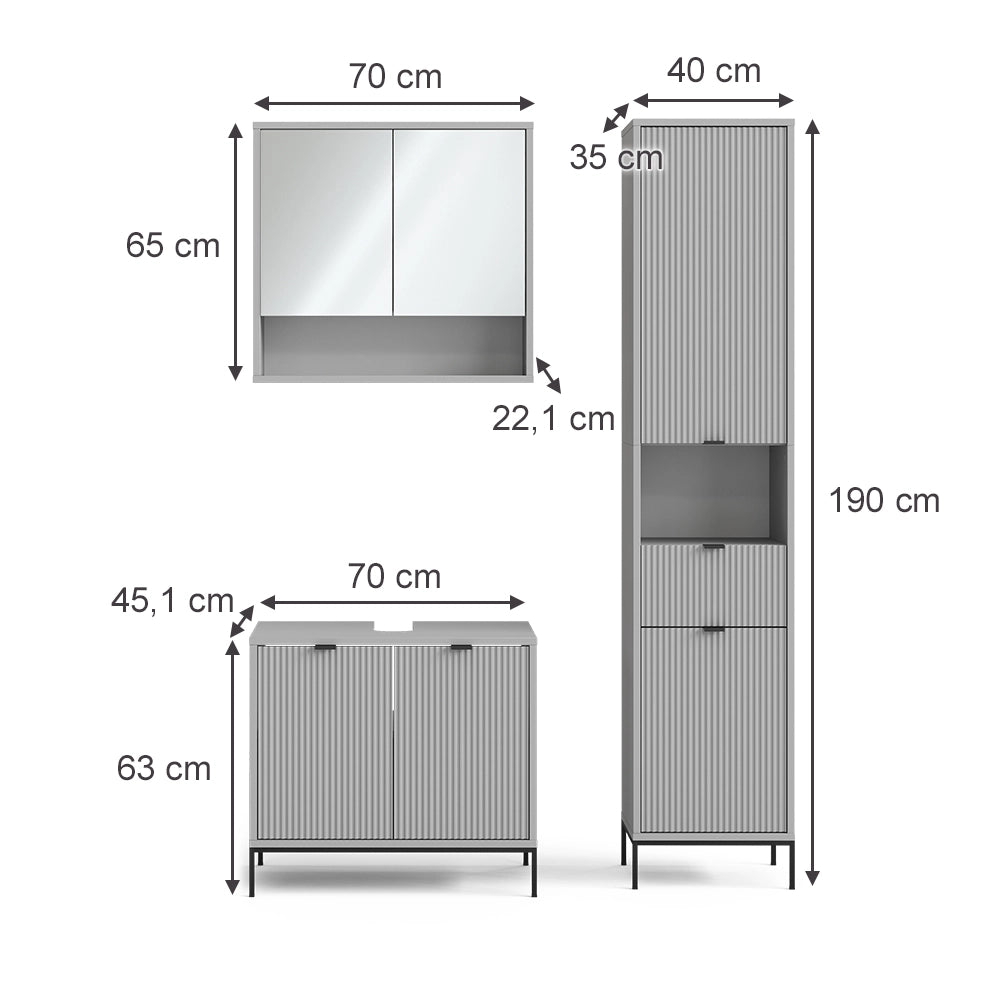 Vicco Set di mobili da bagno Grigio 3 parti, con colonna