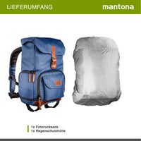 Mantona Luis junior Retro Zaino fotografico blu, per fotocamera con copertura antipioggia, borsa fotografica con scomparto per laptop, DSLR, 3 obiettivi e accessori fotografici