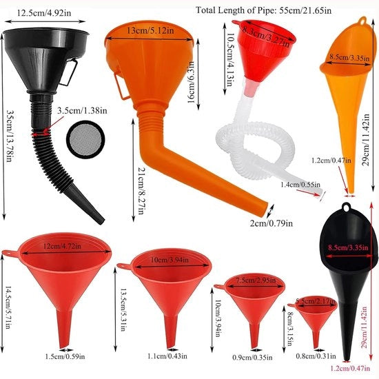Set di contenitori, 9 pezzi, contenitore in plastica flessibile per auto, officina, casa, contenitore universale per benzina, diesel e olio, contenitore con tubo e setaccio