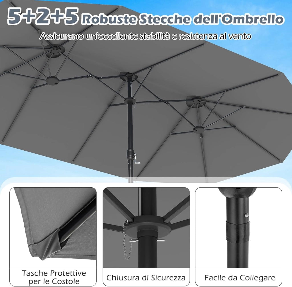 Ombrellone Doppio da Giardino 443 x 263 cm, Ombrello Rettangolare con Sistema a Manovella, Ombrellone da Giardino con Base e 12 Costole, per Sabbia, Cortile (Grigio)