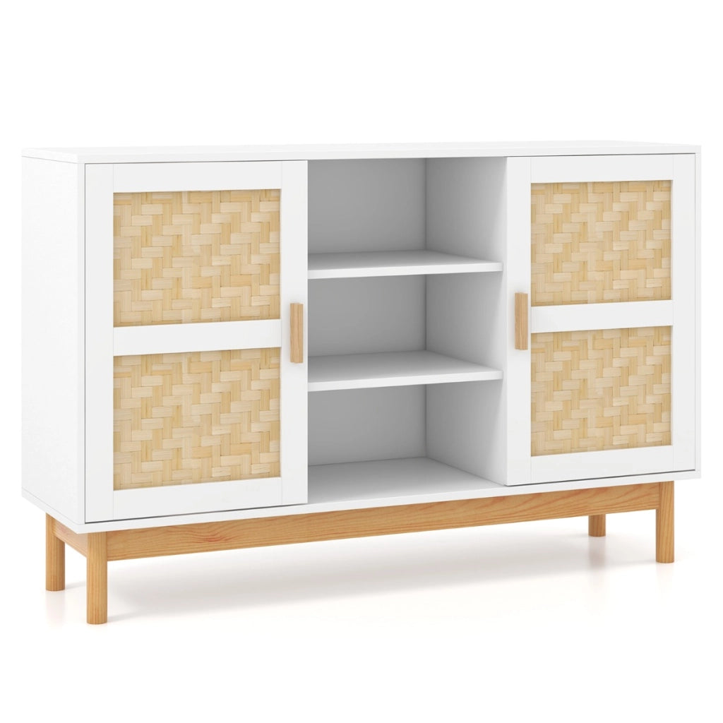 Credenza buffet-Armadio da cucina cabinet da 120cm, Armadio da pavimento con 2 porte intrecciate in bamb¨´ 3 ripiani aperti Bianco