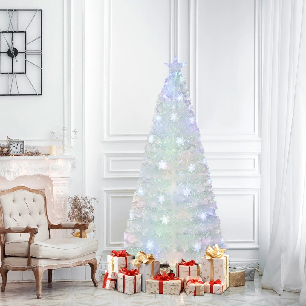 Albero di Natale in fibra ottica da 180cm con foglie iridescenti stella in cima e luci LED, Albero decorativo per feste-Alberi di Natale