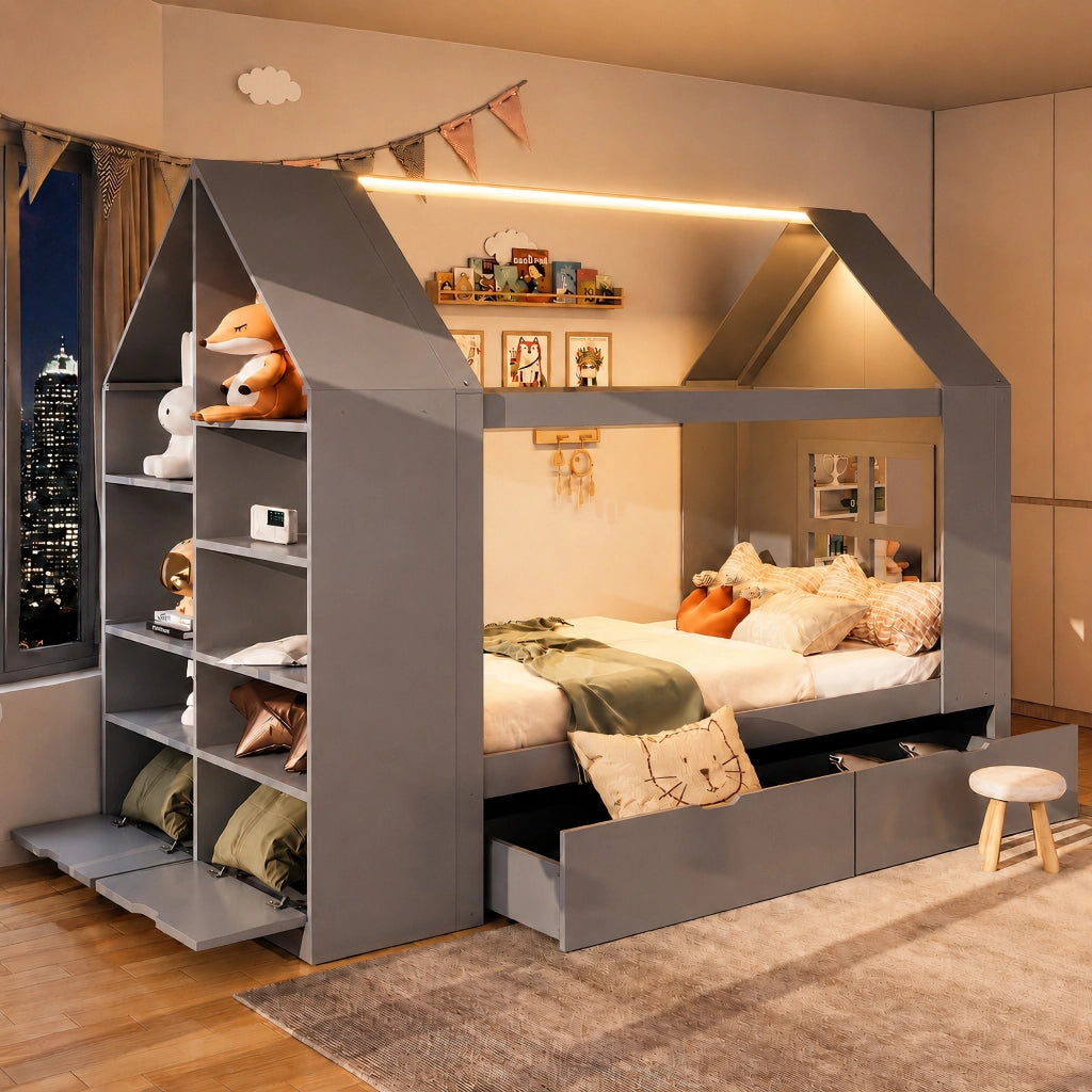 LETTO a casetta 90x200 cm in legno grigio con 2 cassetti e LED