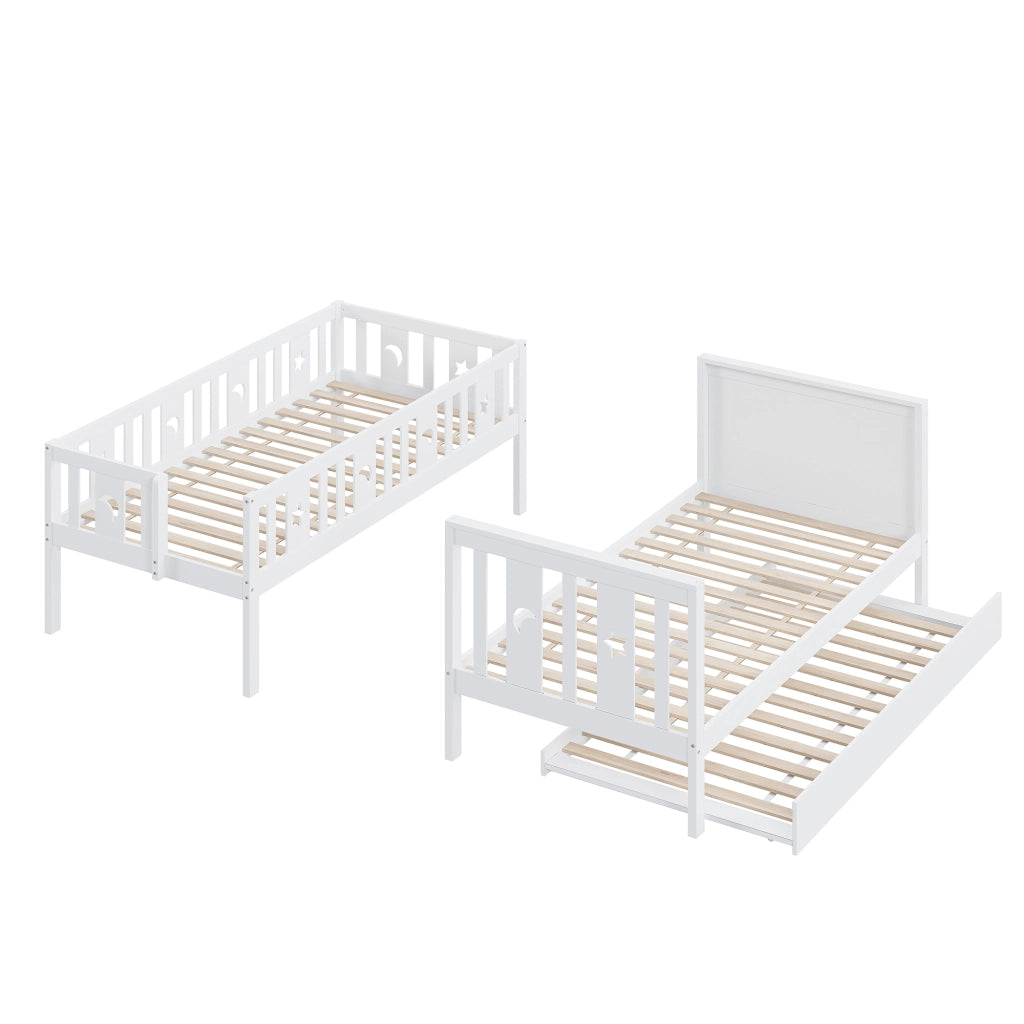 OKWISH Letto a Castello 90×200 cm e 90×190 cm, Letto 3 Posti con Letto estraibile, Scala con Contenitore e Sponde, senza Materasso