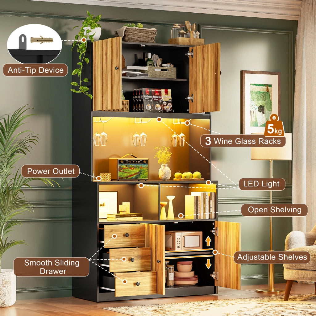 Credenza alta con vetrina e LED, prese e portabicchieri, per cucina e sala da pranzo, in MDF nero, 100 × 40 × 180 cm