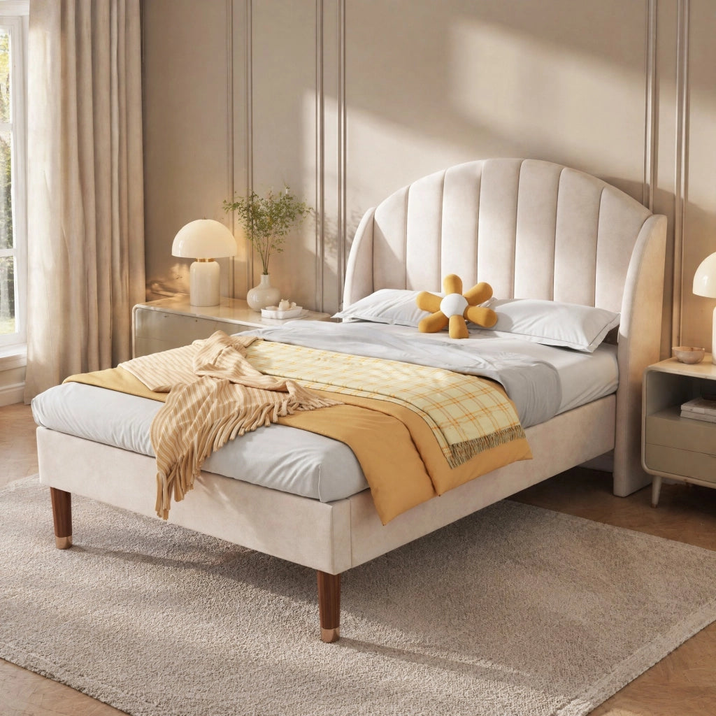 Letto imbottito singolo 90x200 cm con rete a doghe e testiera, in velluto beige