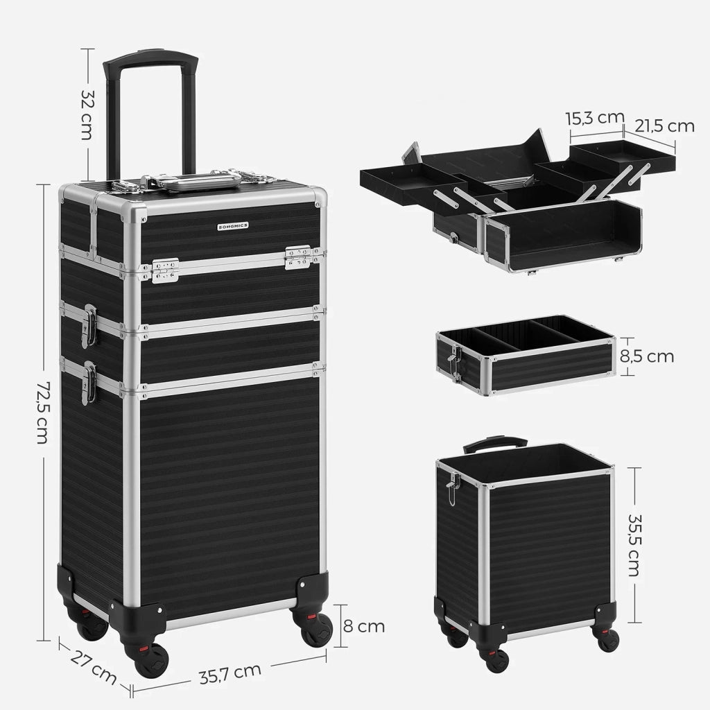 Valigetta per il trucco professionale 35,7 x 27 x 72,5 cm per la cura delle unghie manicure trucco e acconciatura con 4 ruote girevoli per viaggi e lavoro nera 12_0007840