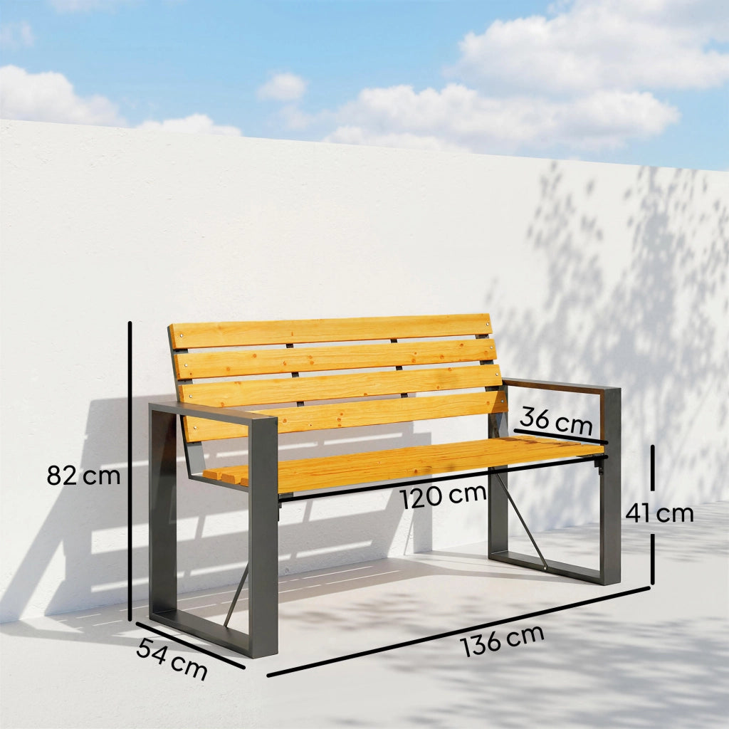 Panchina da Giardino 2 Posti Legno Massello Acciaio ¨C zephmum ¨C Naturale 136x54x82