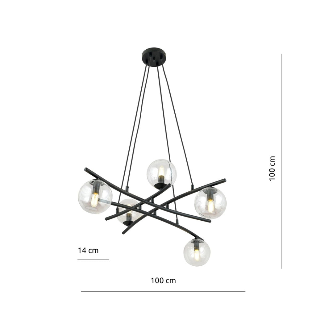 Lampadario Emibig ESSA 5 luci nero vetro trasparente