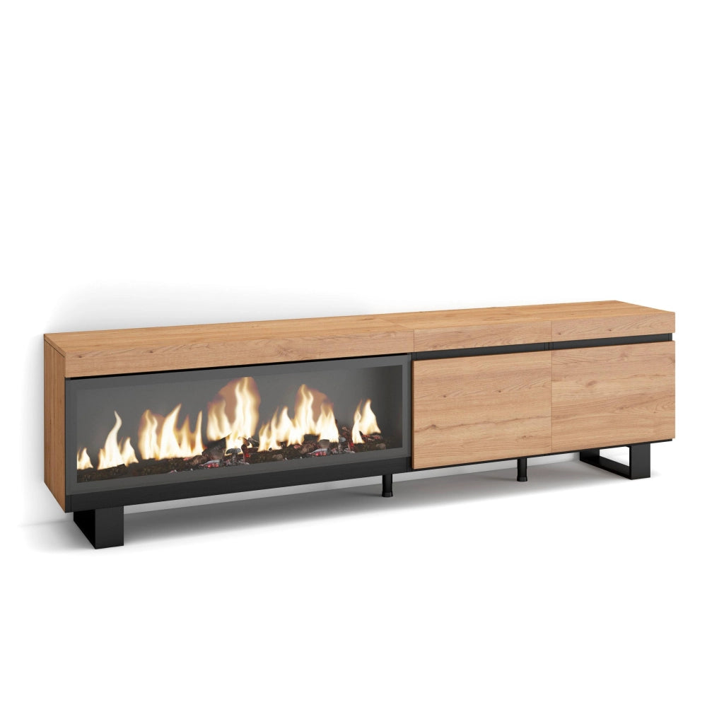 Mobile TV Soggiorno, 208x35x57cm, Per TV fino a 80", Camino elettrico XXL, Design industriale, colore Rovere RF3276