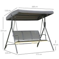 Dondolo da Giardino a 3 Posti con Baldacchino, Dondolo da Esterno in Acciaio e Tessuto Poliestere, 175 x 118 x 159cm Grigio