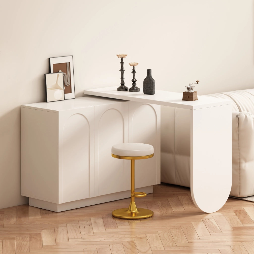 Scrivania angolare con mobile e piano girevole a 360 gradi, 3 vani con ripiani regolabili, in MDF bianco, 110 cm