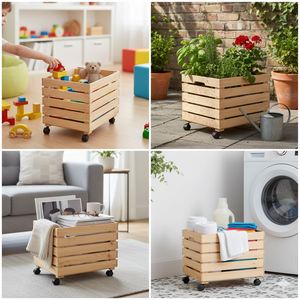 Cesta Scatola Contenitore con Ruote 35x50x35 cm in Legno di Pino Naturale