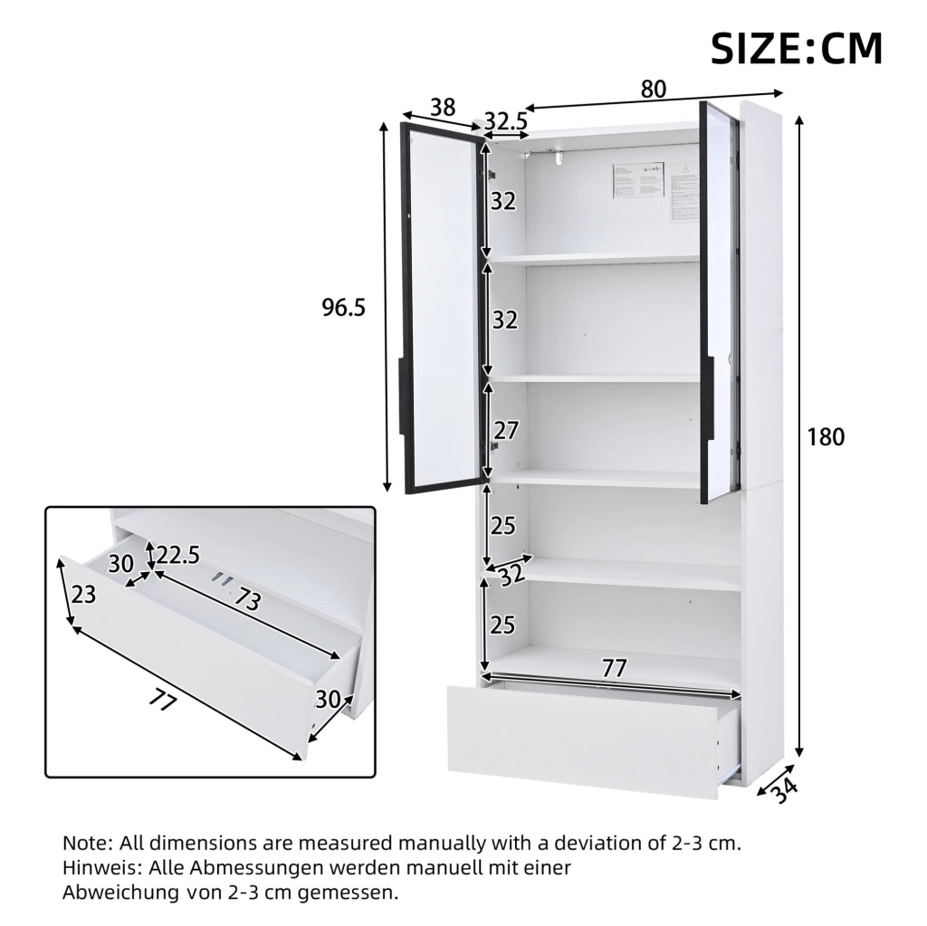 Vetrina alta bianca 80x34x180 cm con LED e cassetto