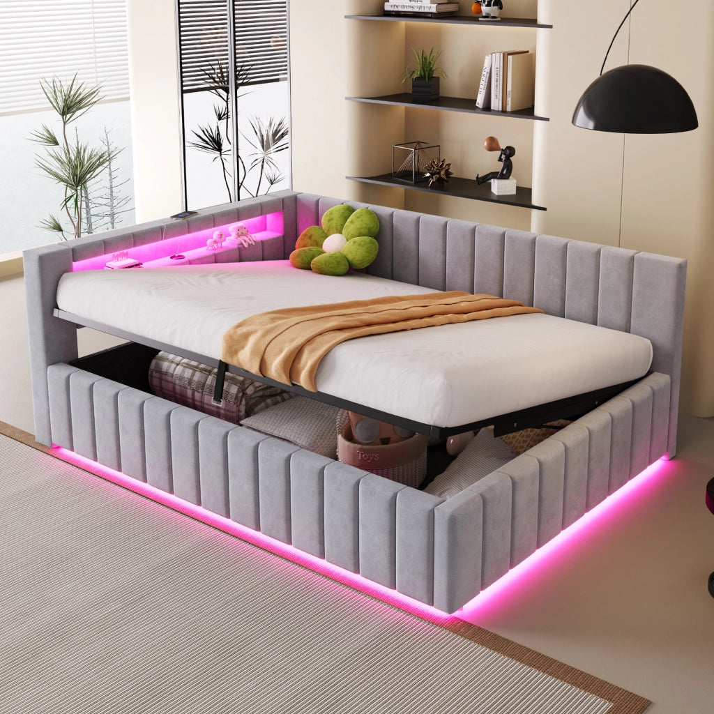 Letto imbottito 140x200 cm con contenitore idraulico, LED, USB, testiera e schienale in velluto grigio