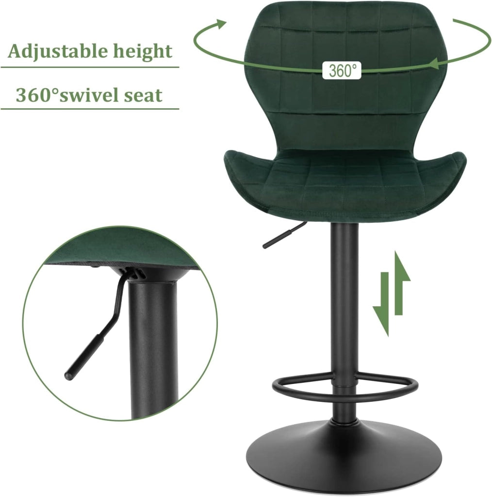 Set di 1 Sgabello da Bar con Schienale e Poggiapiedi Girevoli a 360° Sedia Alta da Cucina con Seduta Regolabile tra 60-82cm in Velluto e Metallo Verde Scuro BH324dgn-1