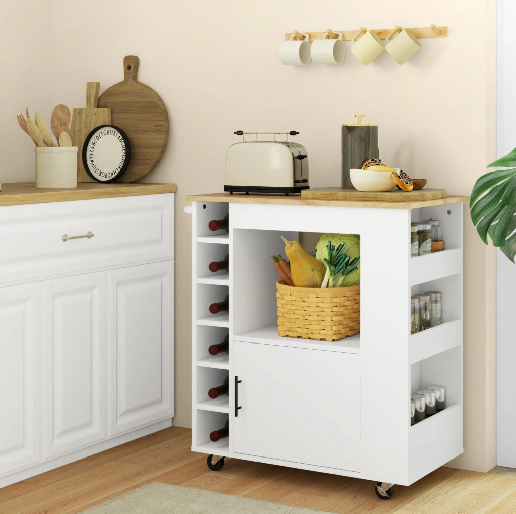 Carrello da cucina in rovere con piano e portabottiglie