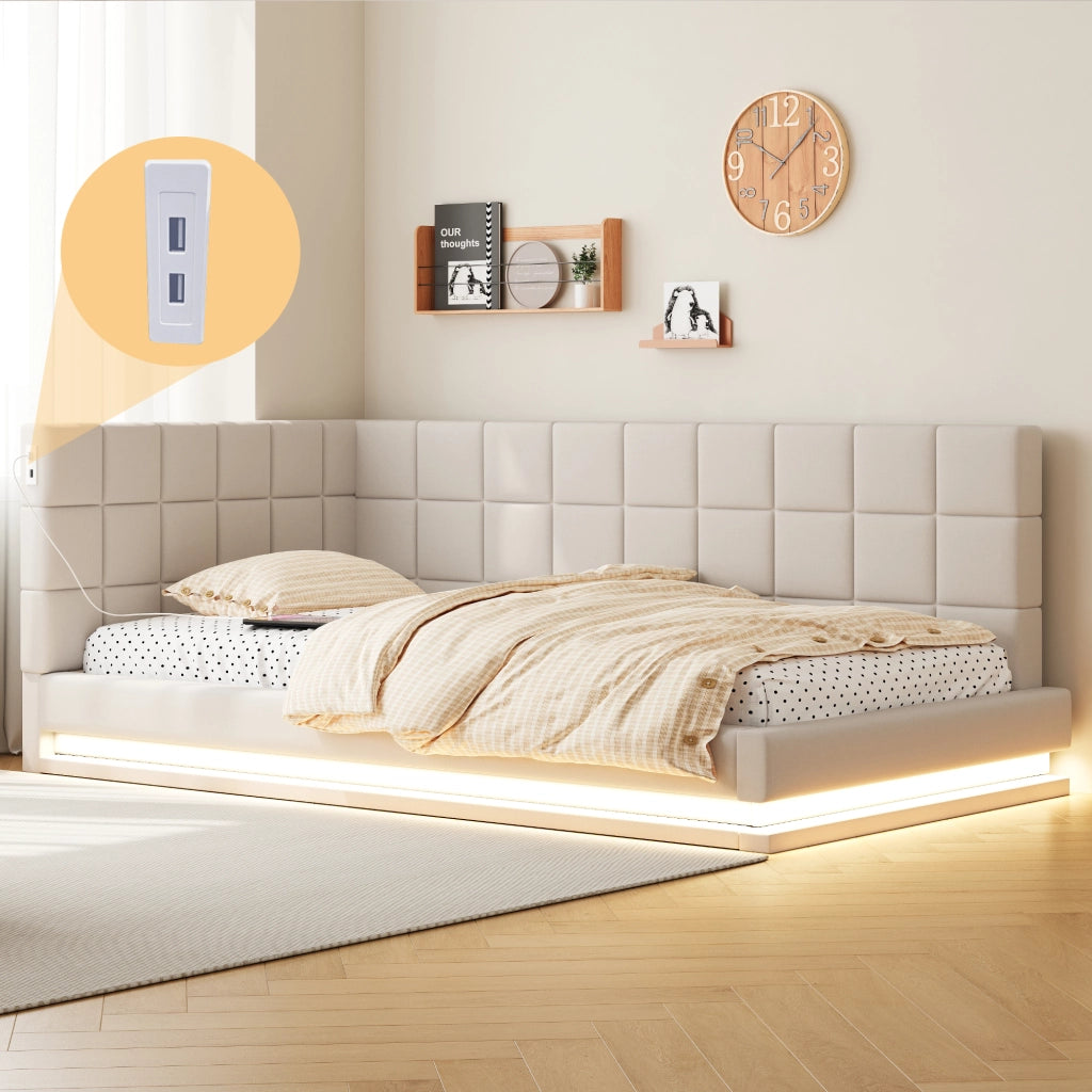DESMIU Divano letto 90 × 200 cm 1 piazza con LED, USB e rete, senza materasso, in lino, beige