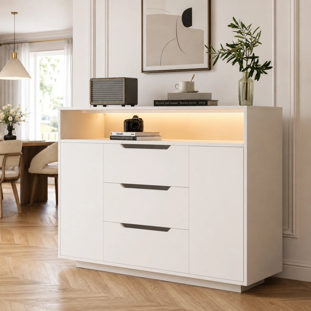 Credenza moderna bianca con ripiani aperti, 3 cassetti e vani con ante, con luce LED integrata