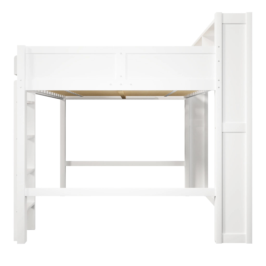 Letto a soppalco 140x200 cm, letto per bambini in legno, con vano portaoggetti, illuminazione a LED, porta USB, bianco