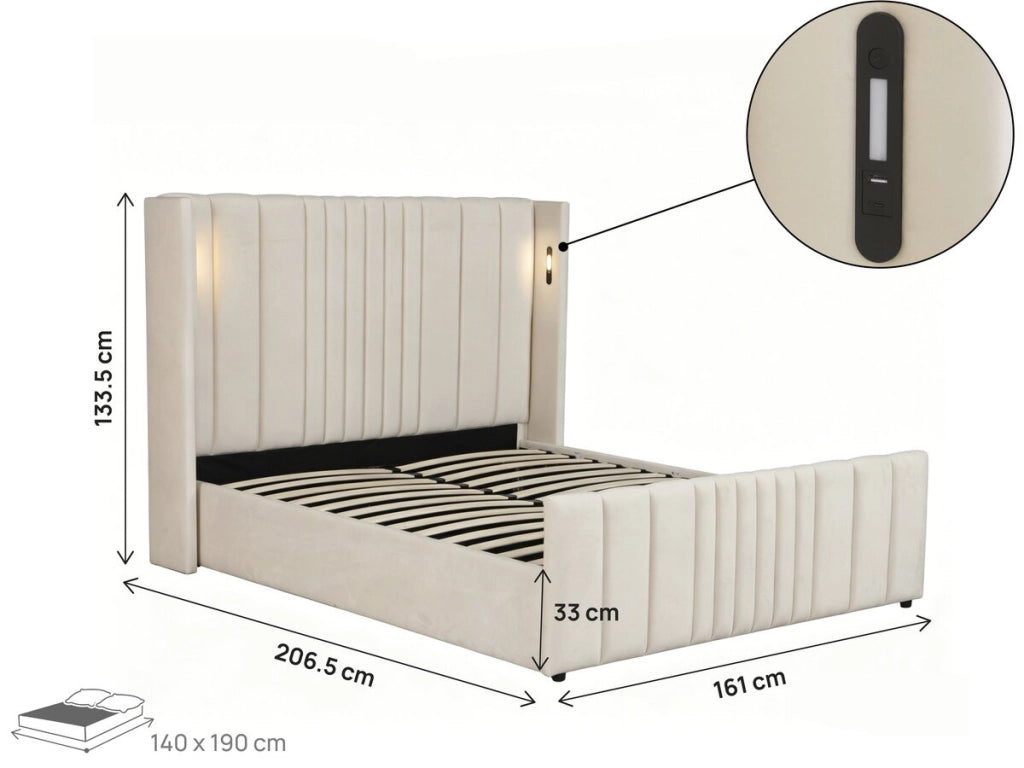 Letto matrimoniale con contenitore in tessuto e lampade integrate "Verbier" - 140 x 190 cm - Beige