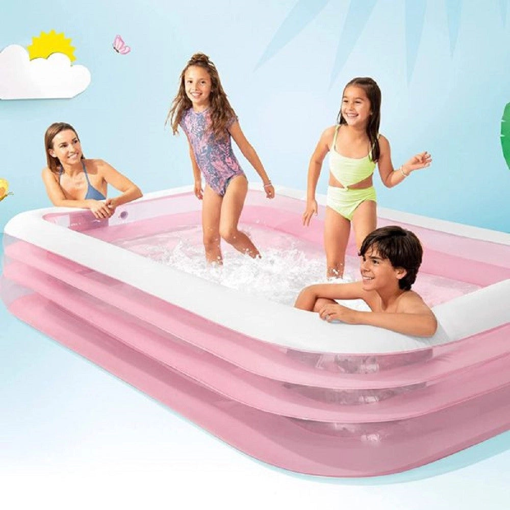 Trade Shop - Piscina Gonfiabile Rosa Rettangolare Family Bambini 305x183x56 Cm Giardino 58487 -