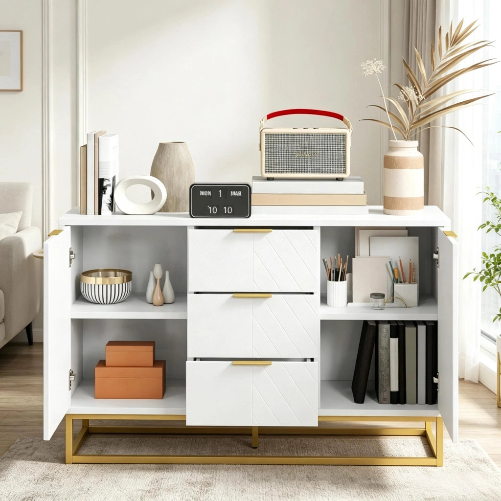 Credenza e madia con 2 ante, 3 cassetti e ripiano regolabile, per sala da pranzo, in MDF e metallo, bianco oro, 120 × 40 × 76 cm