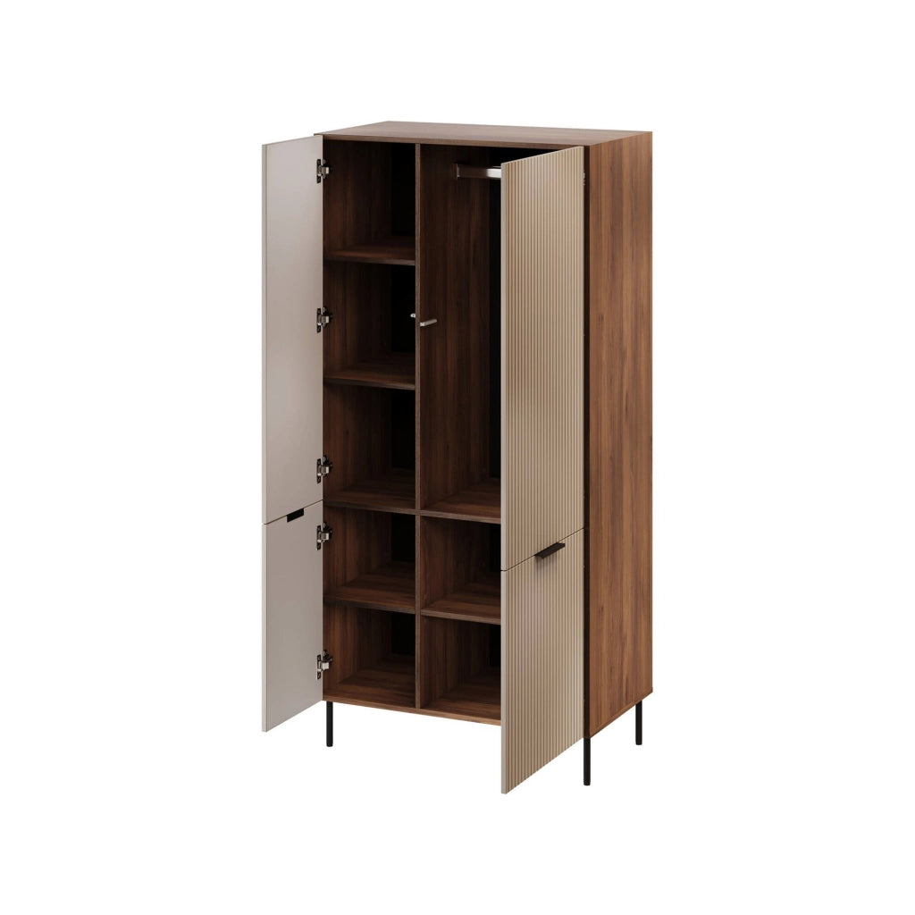 Guardaroba 2 ante Intelvi, Mobile multifunzionale con sei ripiani interni e una barra appendiabiti, Finitura effetto cannettato, 90x52 h185 cm, Beige
